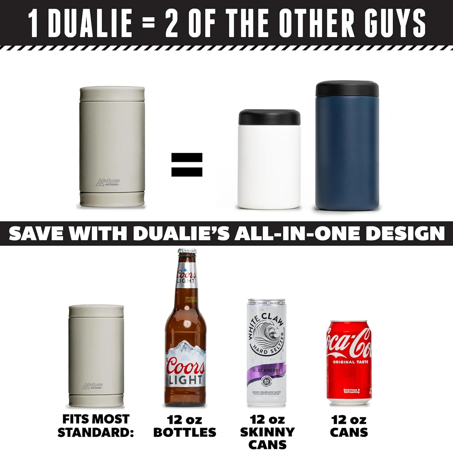 DUALIE 3 in 1 Insulated Can Cooler - 15  Colors - Universal Size for 12 oz Cans, Slim Cans, and Bottles