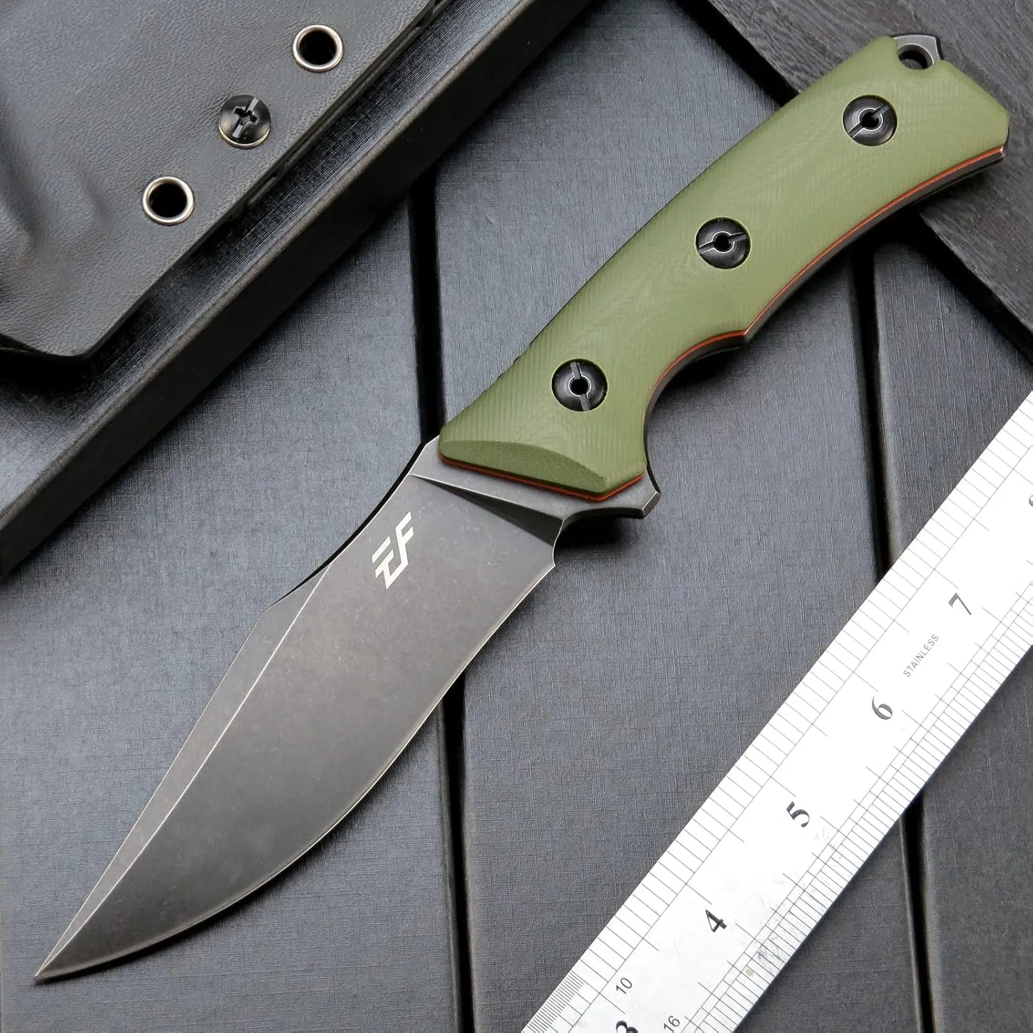 Eafengrow EF124 Fixed Blade Knife 14c28n Steel Blade Coated Black Titanium, G10 Handle Fixed Knife for Outdoor Camping Hunting Survival EDC Tool Knives with Kydex Sheath(Army Green)