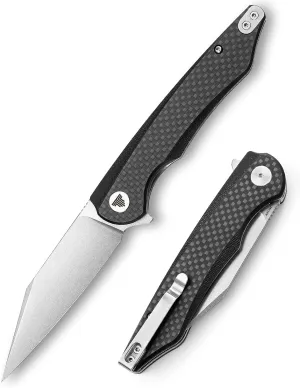 EDC Pocket Folding Knife with Reversible Clip For Men, Flipper Opening,Carbon Fiber Handle Capming Folded Knives,3.7" Stonewash 14C28N Blade,Ball Bearings Pivot,Gift Box,Lynx-05CG