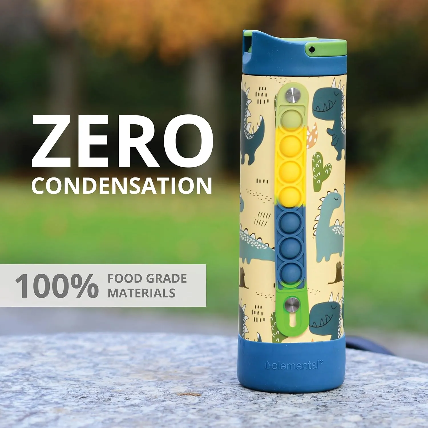 Elemental Iconic Kids Water Bottle with Straw Lid & Stress Reliever Pop It Handle, Leak-Proof When Closed, Triple Insulated Stainless Steel Reusable Thermos Water Bottle, 20oz - Dinosaur