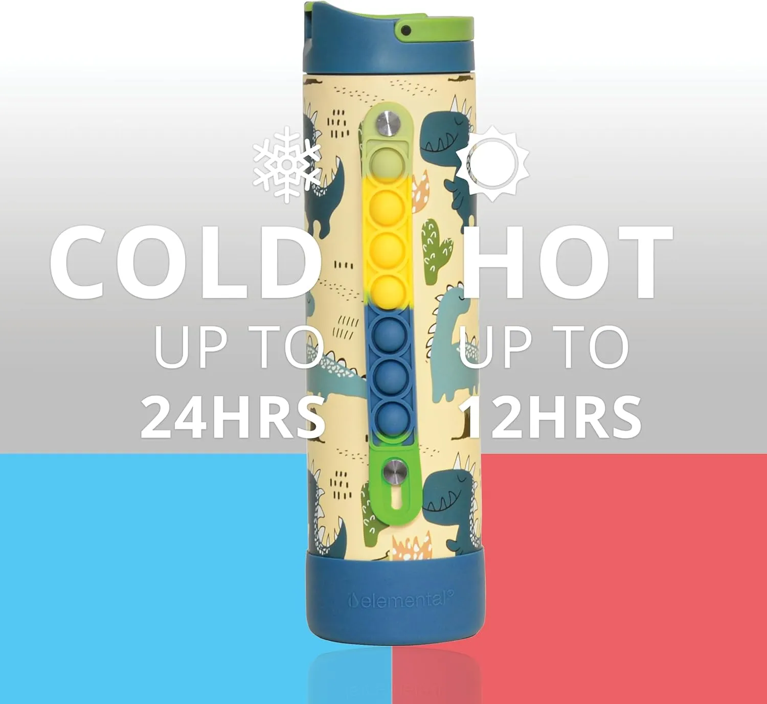 Elemental Iconic Kids Water Bottle with Straw Lid & Stress Reliever Pop It Handle, Leak-Proof When Closed, Triple Insulated Stainless Steel Reusable Thermos Water Bottle, 20oz - Dinosaur