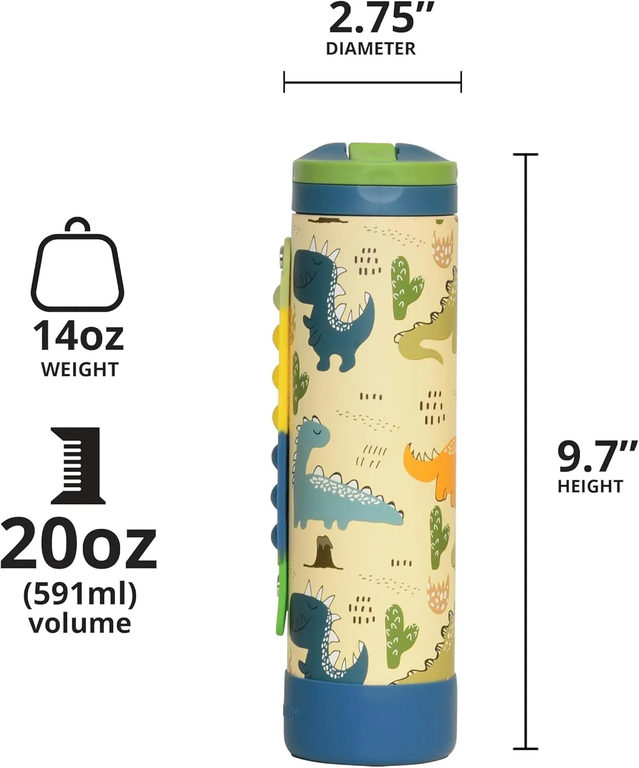 Elemental Iconic Kids Water Bottle with Straw Lid & Stress Reliever Pop It Handle, Leak-Proof When Closed, Triple Insulated Stainless Steel Reusable Thermos Water Bottle, 20oz - Dinosaur