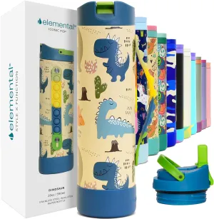 Elemental Iconic Kids Water Bottle with Straw Lid & Stress Reliever Pop It Handle, Leak-Proof When Closed, Triple Insulated Stainless Steel Reusable Thermos Water Bottle, 20oz - Dinosaur