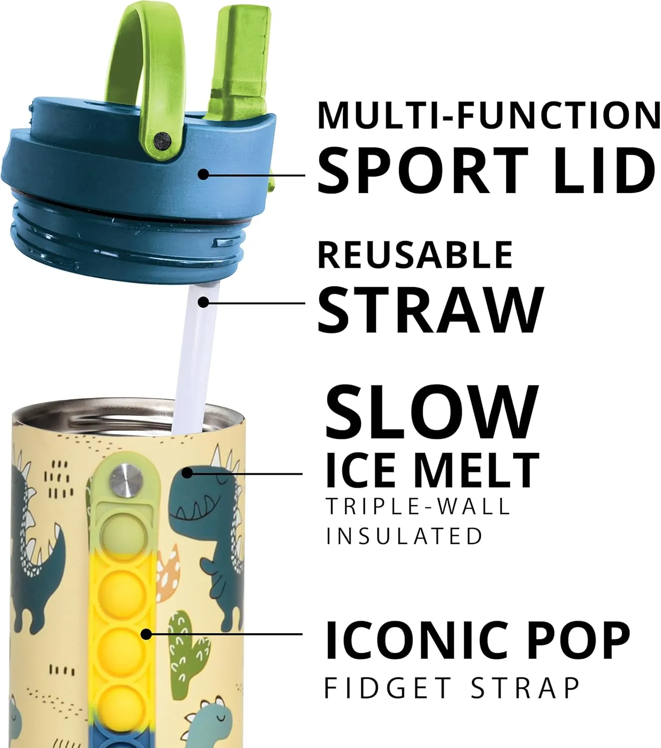 Elemental Iconic Kids Water Bottle with Straw Lid & Stress Reliever Pop It Handle, Leak-Proof When Closed, Triple Insulated Stainless Steel Reusable Thermos Water Bottle, 20oz - Dinosaur