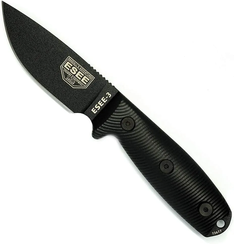 ESEE-3 Fixed Blade Knife, 3D Contoured Handle, 1095 Carbon Steel, Black Ambidextrous Sheath, Made in USA