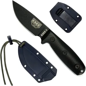 ESEE-3 Fixed Blade Knife, 3D Contoured Handle, 1095 Carbon Steel, Black Ambidextrous Sheath, Made in USA