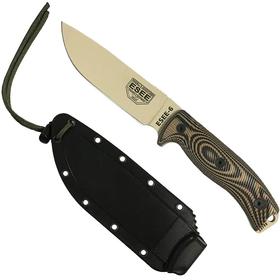 ESEE-6 Fixed Blade Knife, 3D Contoured Handle, 1095 Carbon Steel, Ambidextrous Polymer Sheath, Made in USA