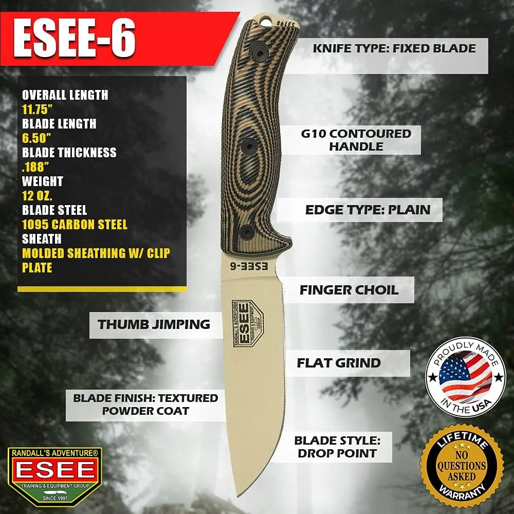 ESEE-6 Fixed Blade Knife, 3D Contoured Handle, 1095 Carbon Steel, Ambidextrous Polymer Sheath, Made in USA