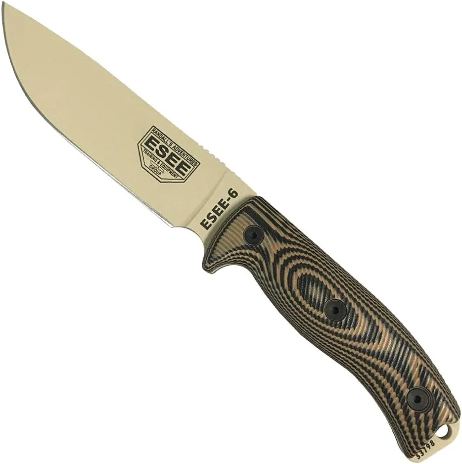 ESEE-6 Fixed Blade Knife, 3D Contoured Handle, 1095 Carbon Steel, Ambidextrous Polymer Sheath, Made in USA