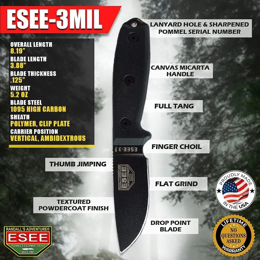 ESEE Knives 3MIL Fixed Blade Knife w/Molded Sheath & MOLLE Back