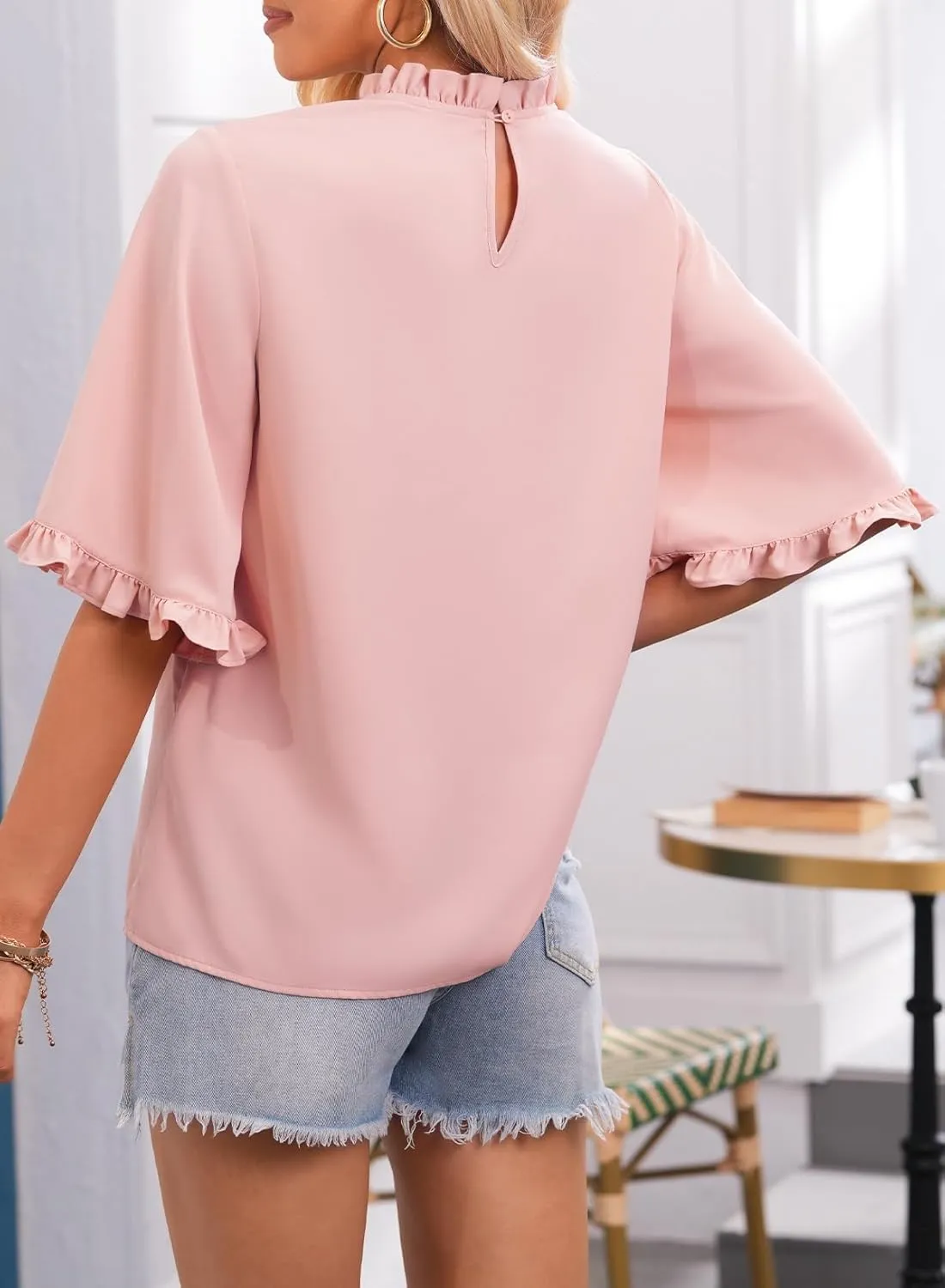 EVALESS Womens Half Sleeve Tops Cute Chiffon Blouses Summer Lightweight Ruffle Sleeve Shirts Loose Fit Daily Wear 2025