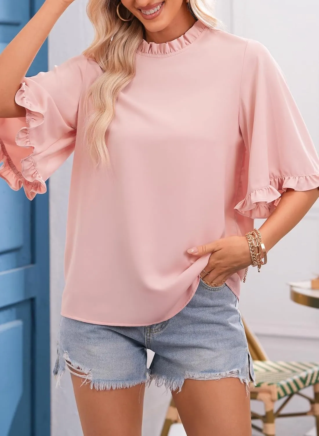 EVALESS Womens Half Sleeve Tops Cute Chiffon Blouses Summer Lightweight Ruffle Sleeve Shirts Loose Fit Daily Wear 2025