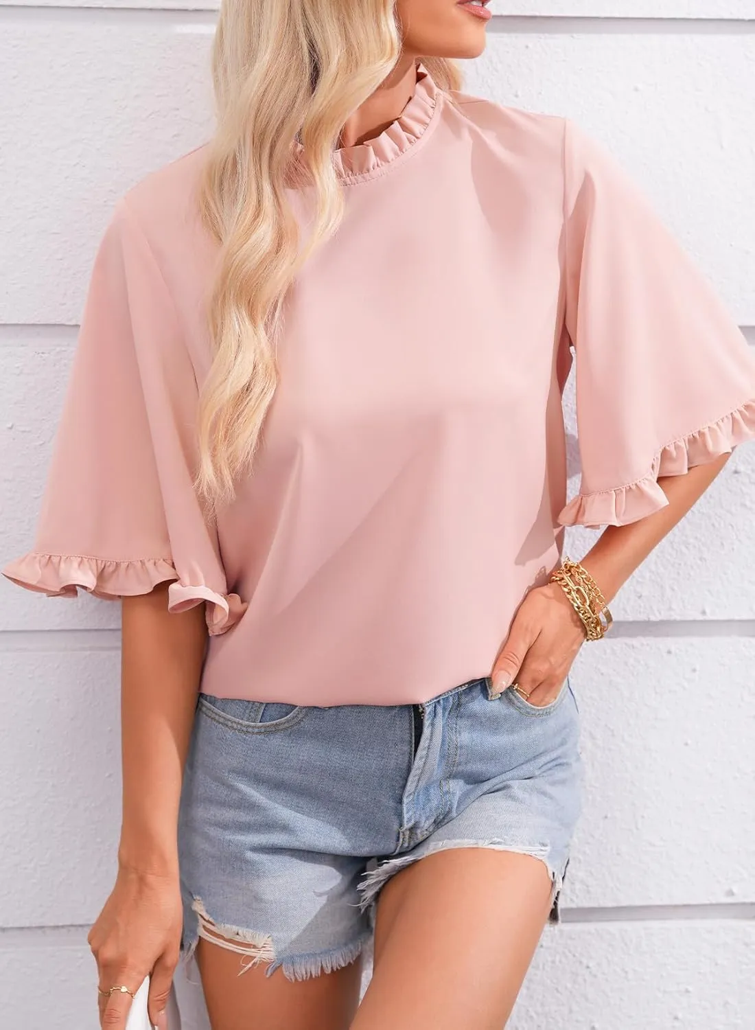 EVALESS Womens Half Sleeve Tops Cute Chiffon Blouses Summer Lightweight Ruffle Sleeve Shirts Loose Fit Daily Wear 2025