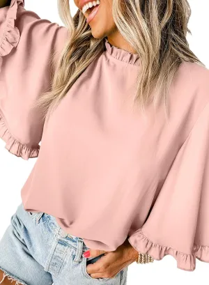 EVALESS Womens Half Sleeve Tops Cute Chiffon Blouses Summer Lightweight Ruffle Sleeve Shirts Loose Fit Daily Wear 2025