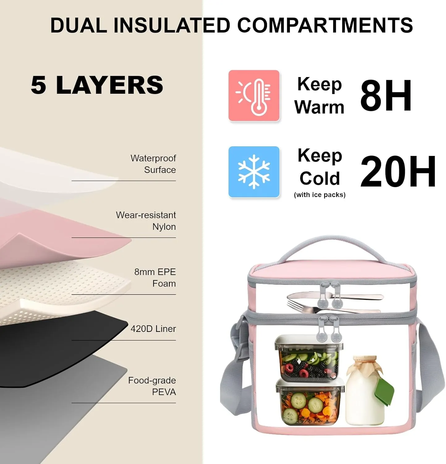 EVERFUN Small Insulated Lunch Bag for Women Dual Compartments Lunch Bag Collapsible Waterproof Leak-Proof for Travel Work Picnic, Pink