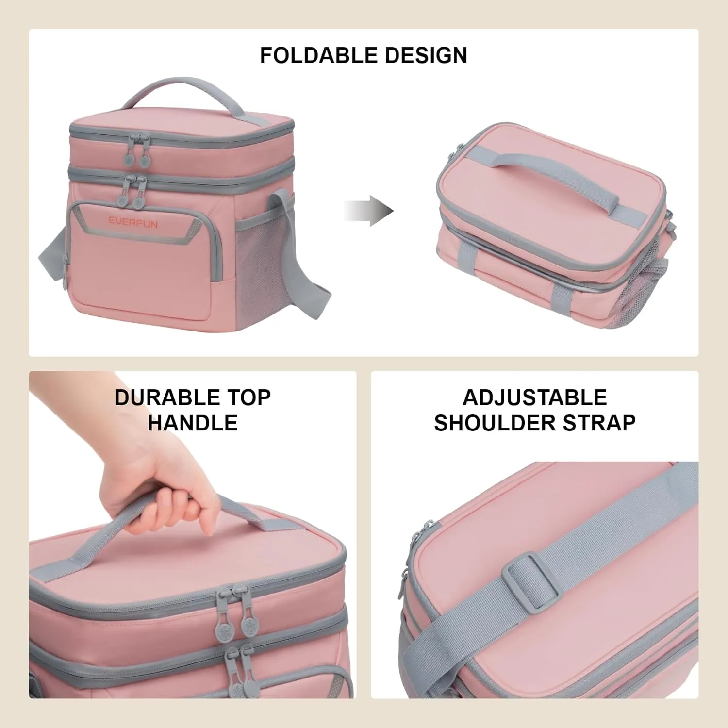 EVERFUN Small Insulated Lunch Bag for Women Dual Compartments Lunch Bag Collapsible Waterproof Leak-Proof for Travel Work Picnic, Pink