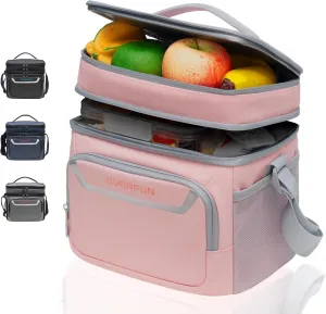 EVERFUN Small Insulated Lunch Bag for Women Dual Compartments Lunch Bag Collapsible Waterproof Leak-Proof for Travel Work Picnic, Pink