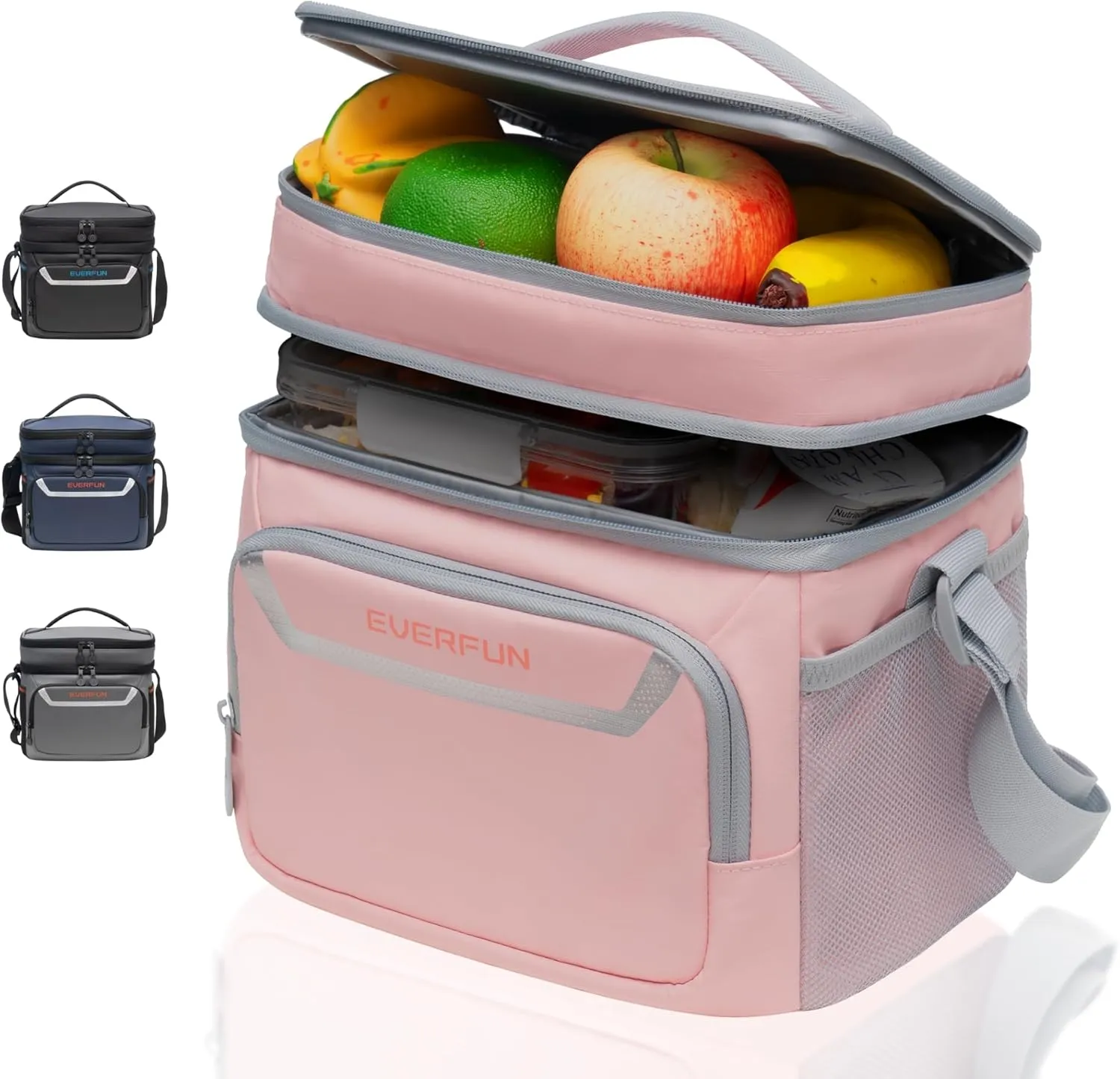EVERFUN Small Insulated Lunch Bag for Women Dual Compartments Lunch Bag Collapsible Waterproof Leak-Proof for Travel Work Picnic, Pink