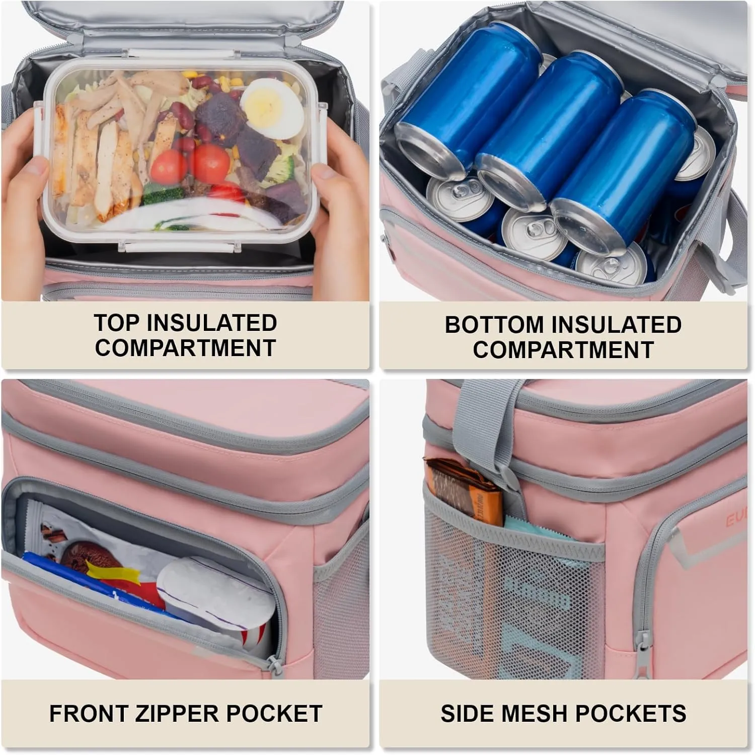 EVERFUN Small Insulated Lunch Bag for Women Dual Compartments Lunch Bag Collapsible Waterproof Leak-Proof for Travel Work Picnic, Pink