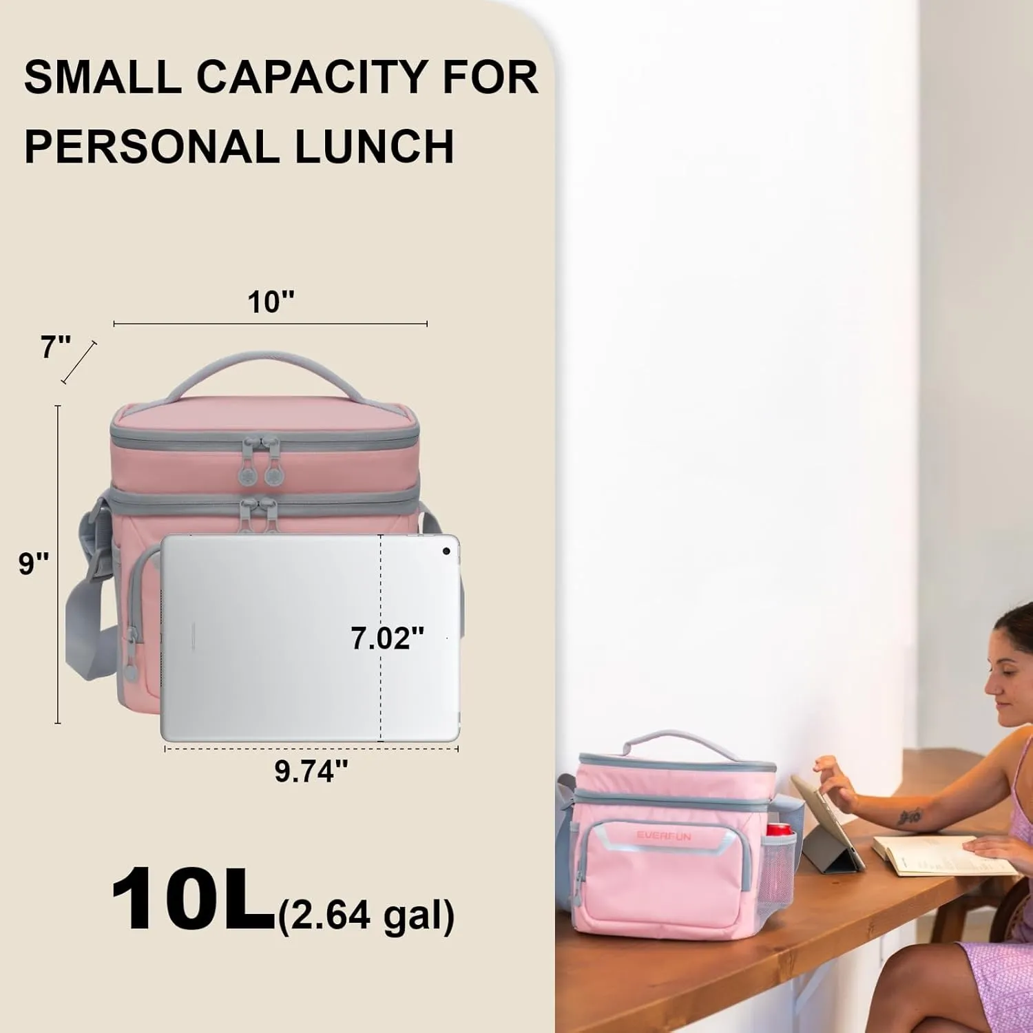 EVERFUN Small Insulated Lunch Bag for Women Dual Compartments Lunch Bag Collapsible Waterproof Leak-Proof for Travel Work Picnic, Pink