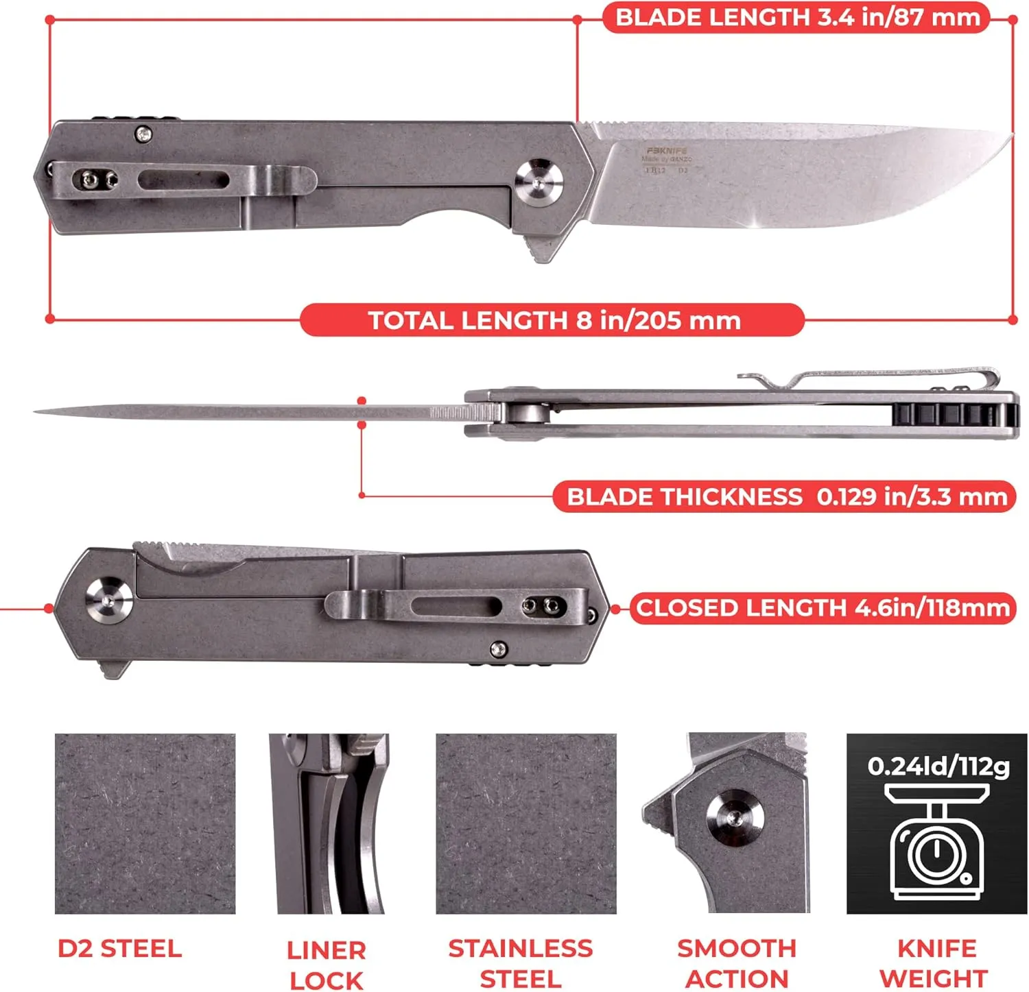 Firebird GANZO FH12-SS Pocket Folding Knife D2 Steel Flip Blade All Steel Handle with Clip Survival Tactical Folder Outdoor Camping EDC Knife (Grey)
