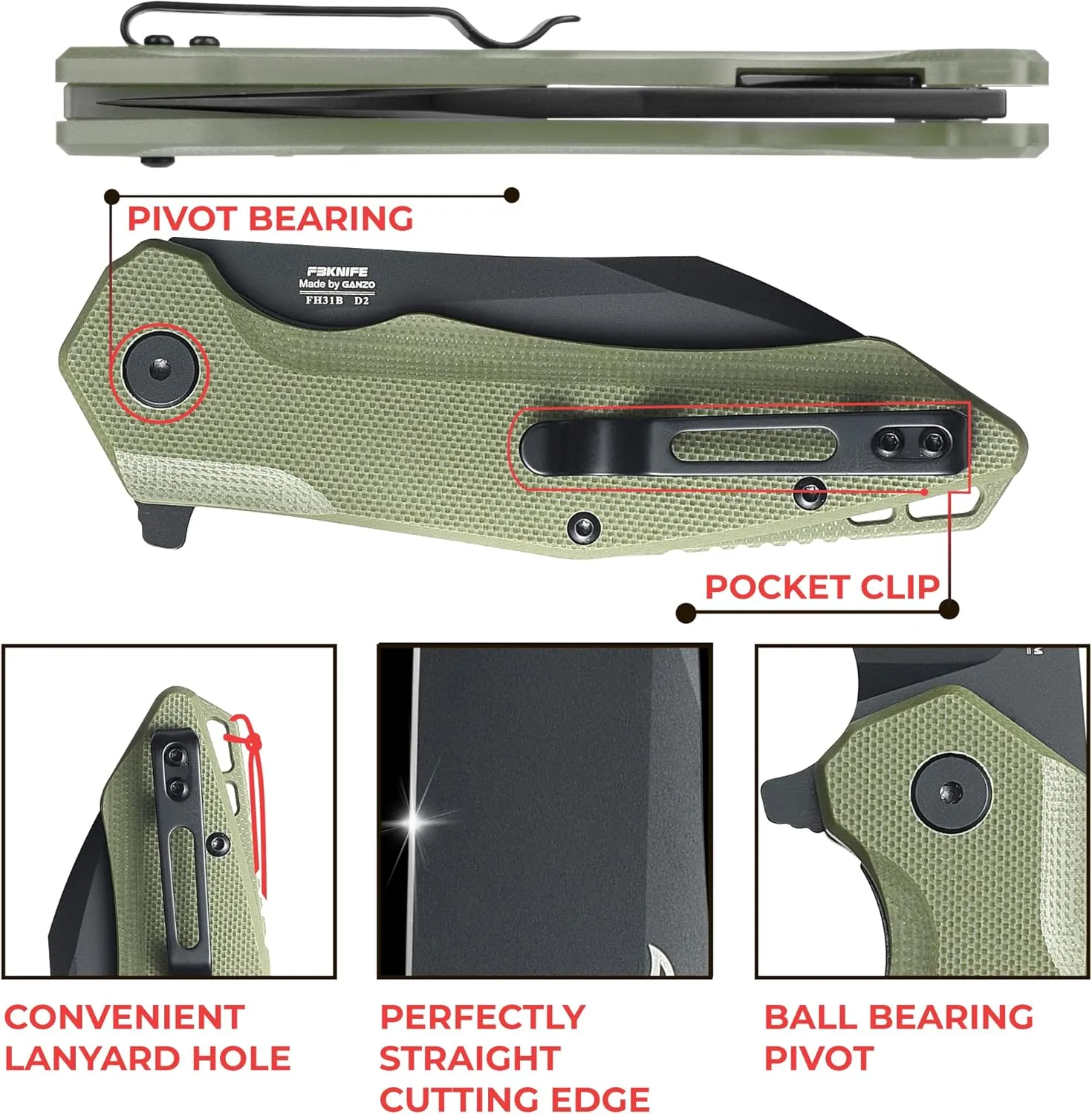 Firebird GANZO FH31 Folding Pocket Knife D2 Steel Wharncliffe Blade Ergonomic G10 Handle with Clip Hunting Fishing Flipper Camping Outdoor EDC Knife