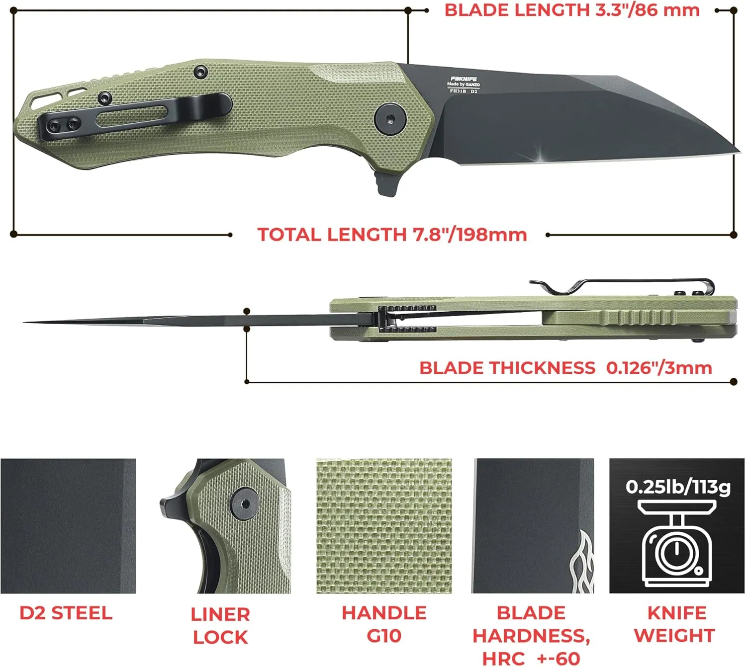 Firebird GANZO FH31 Folding Pocket Knife D2 Steel Wharncliffe Blade Ergonomic G10 Handle with Clip Hunting Fishing Flipper Camping Outdoor EDC Knife