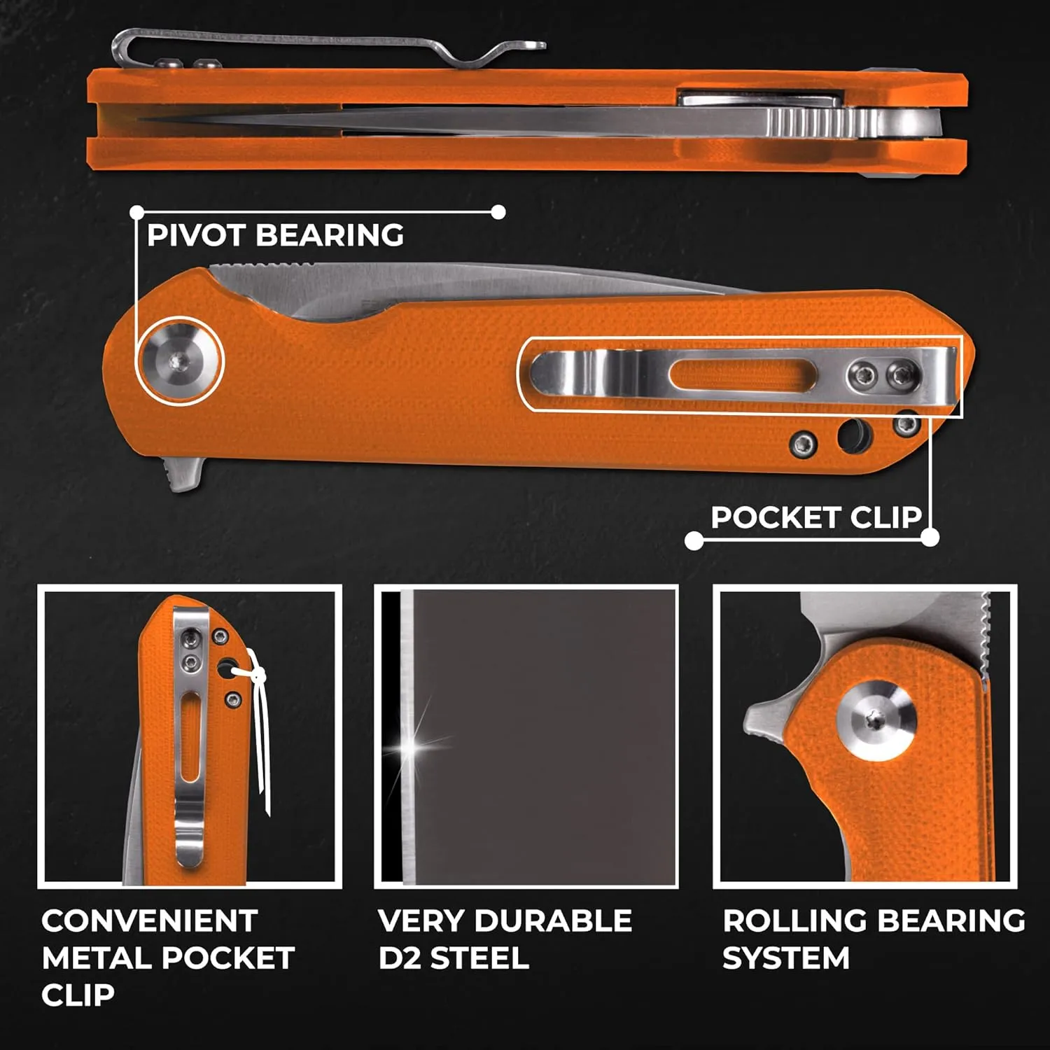 Firebird GANZO FH41S-OR Pocket Folding Knife D2 Steel Blade G10 Anti-Slip Handle with Clip Fishing Hunting Camping Outdoor Flipper EDC Pocket Knife Best Gift for Men and Women (Orange)
