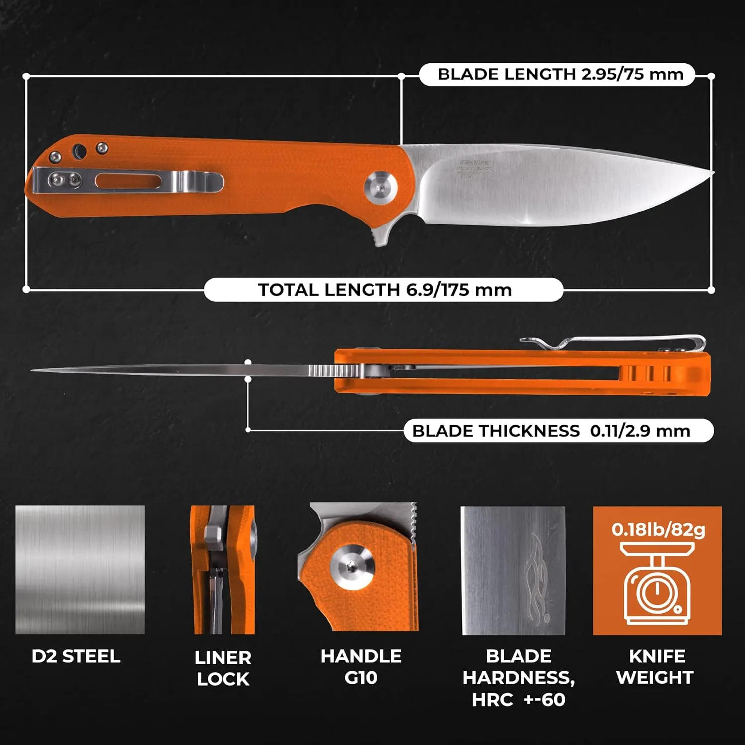 Firebird GANZO FH41S-OR Pocket Folding Knife D2 Steel Blade G10 Anti-Slip Handle with Clip Fishing Hunting Camping Outdoor Flipper EDC Pocket Knife Best Gift for Men and Women (Orange)