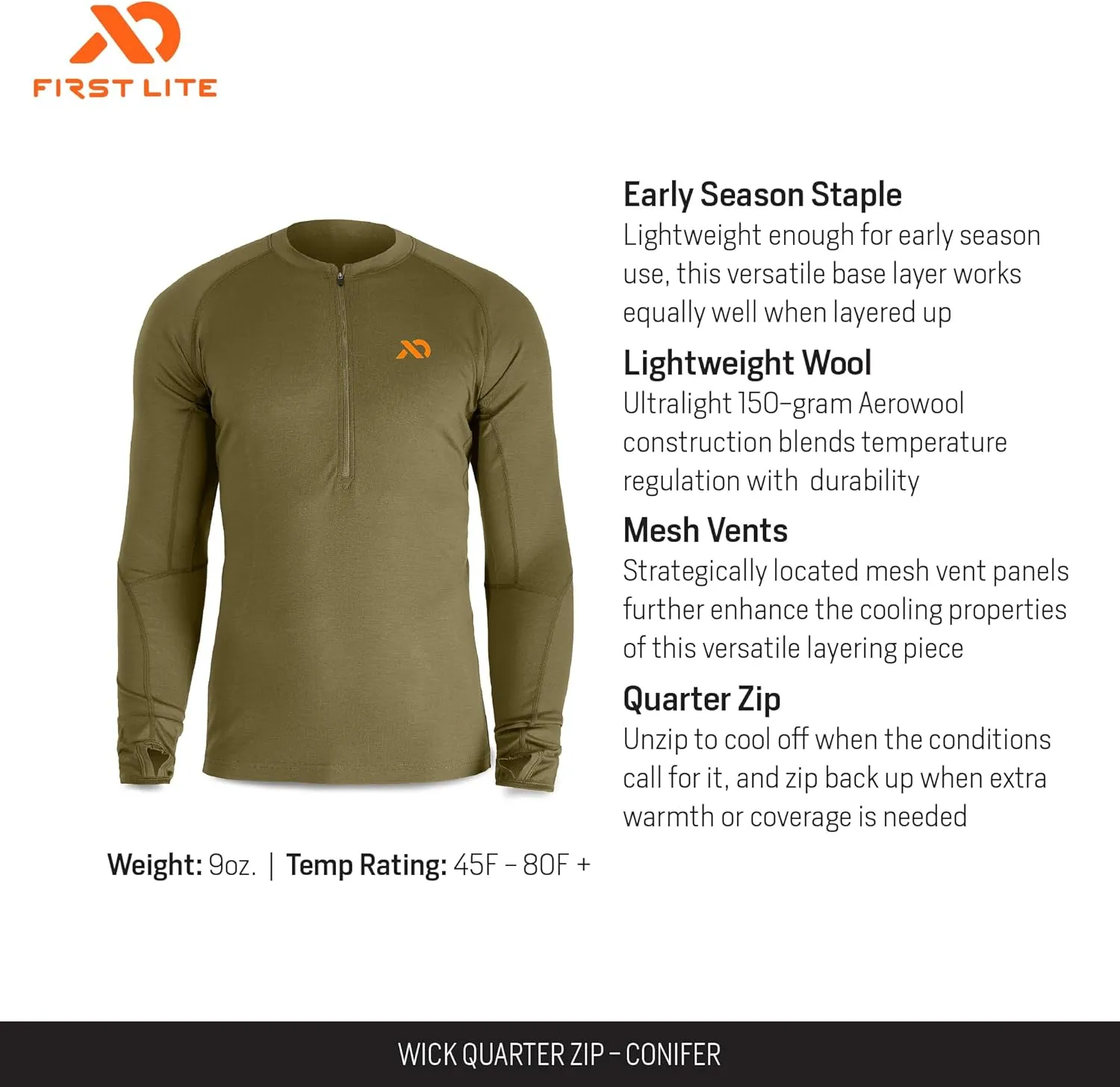 First Lite Men's Wick Quarter Zip - Ultralight Merino Wool Camo Hunting Baselayer