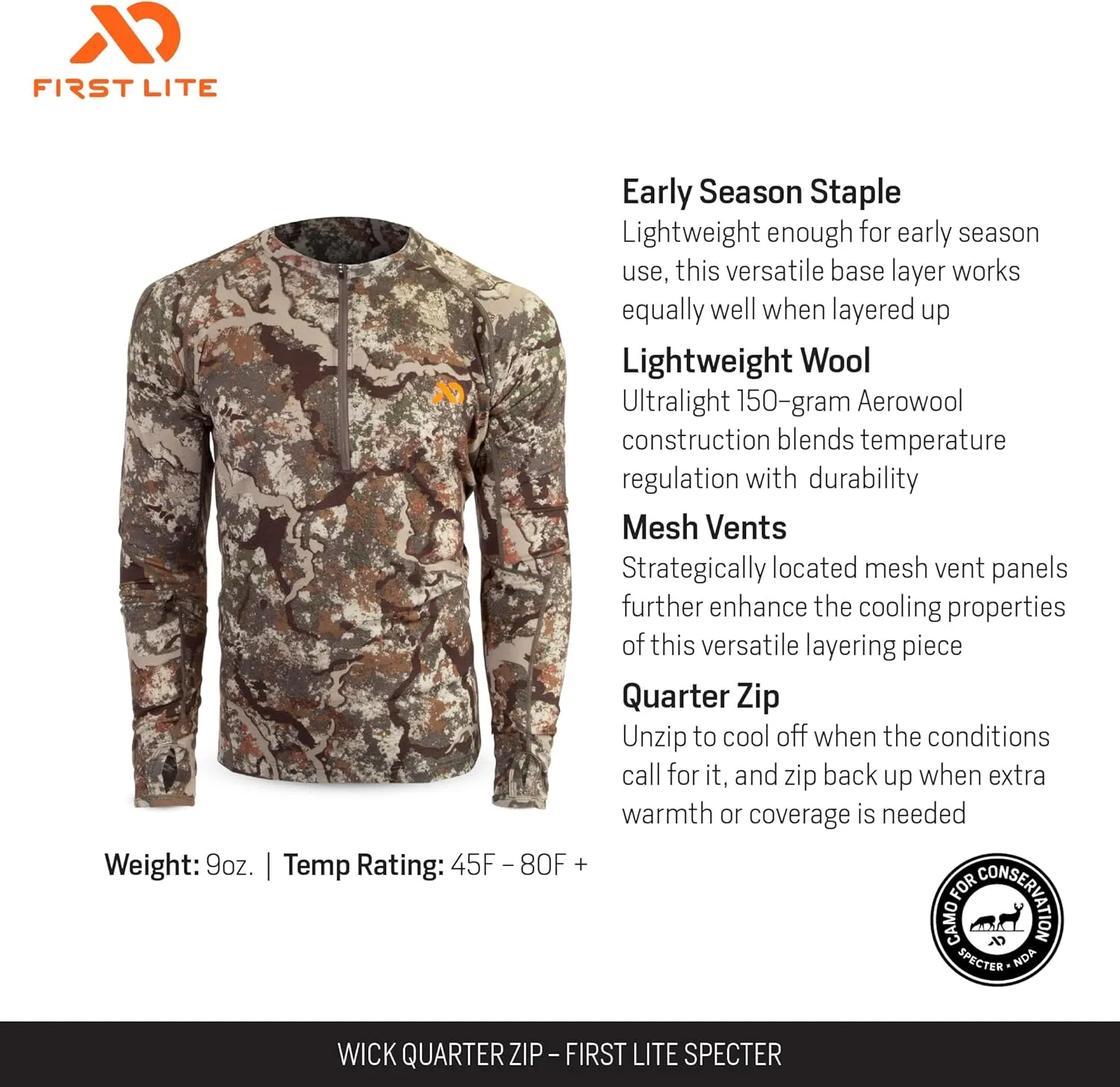 First Lite Men's Wick Quarter Zip - Ultralight Merino Wool Camo Hunting Baselayer