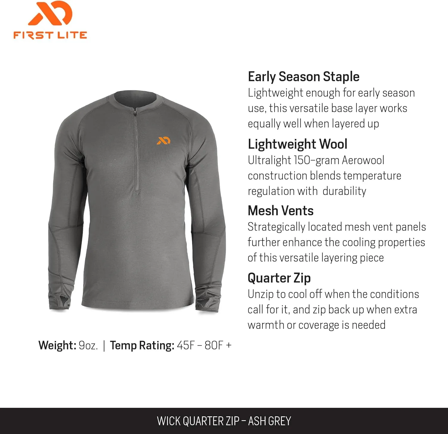 First Lite Men's Wick Quarter Zip - Ultralight Merino Wool Camo Hunting Baselayer