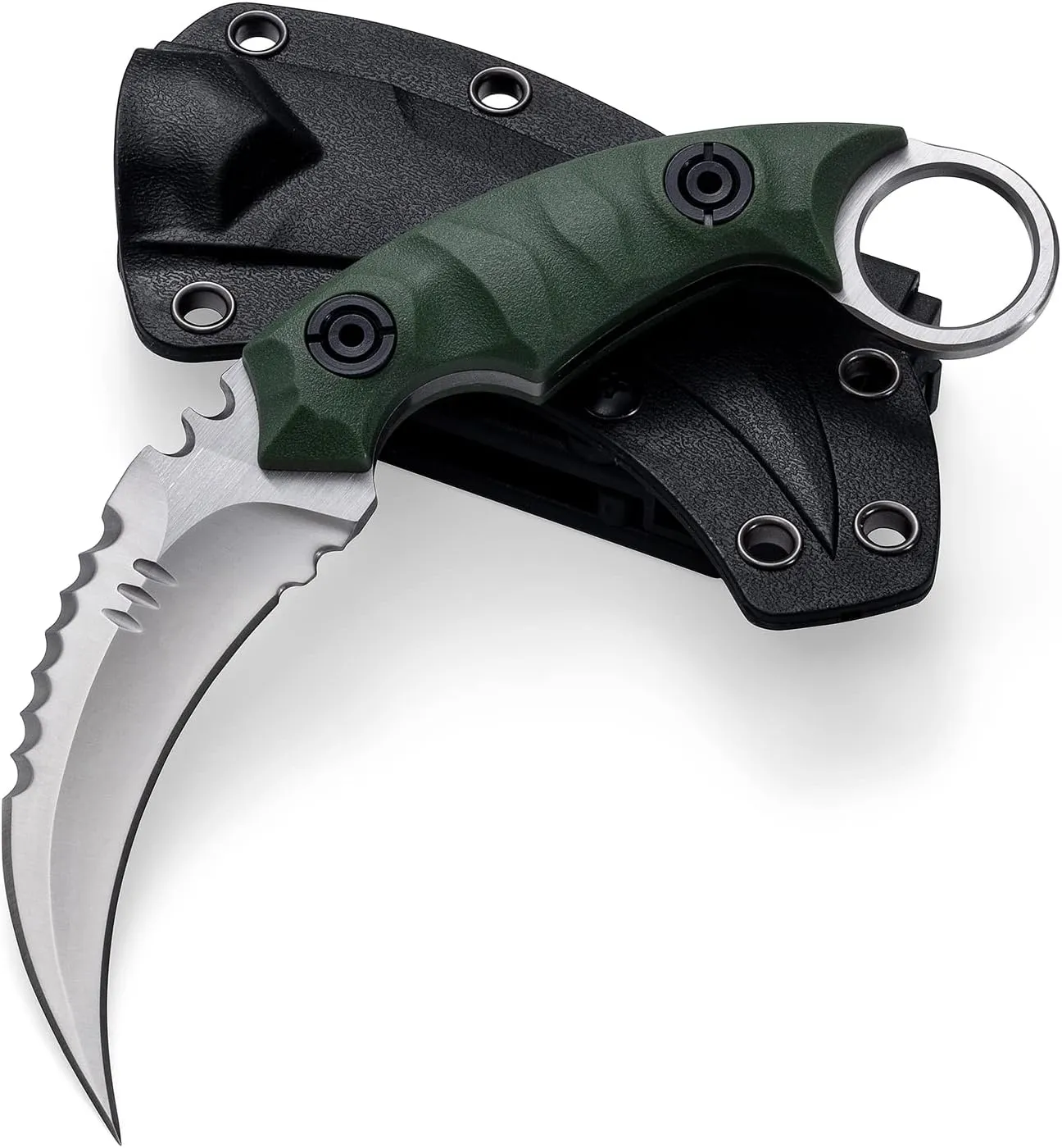 Fixed Blade Knife, D2 Steel Blade, G10 Handle, Tactical EDC, Double Edged, Claw Knife, Utility for Outdoor Survival, Hiking, Camping with Kydex Sheath OK1212 (Green/Silver)