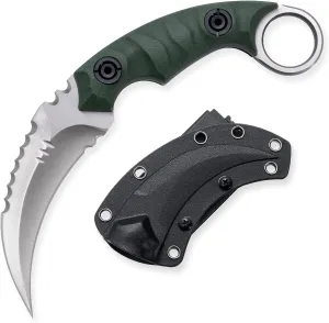 Fixed Blade Knife, D2 Steel Blade, G10 Handle, Tactical EDC, Double Edged, Claw Knife, Utility for Outdoor Survival, Hiking, Camping with Kydex Sheath OK1212 (Green/Silver)