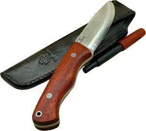 FIXED BLADE KNIFE, FUJI HANDMADE OUTDOOR KNIFE, PADAUK HANDLE, N690 STEEL BLADE, LEATHER SHEATH AND FERRO ROD