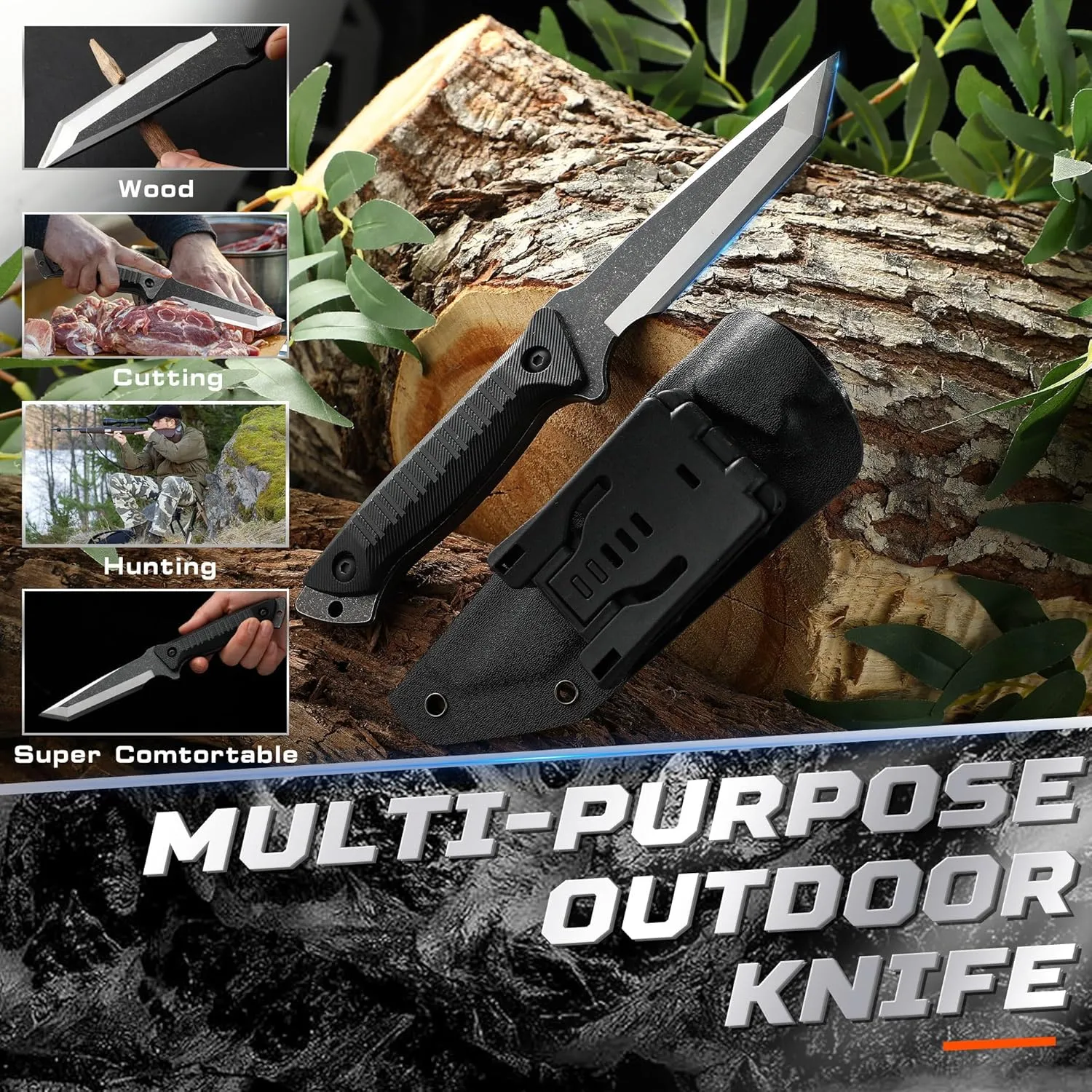 Fixed Blade Knife Tactical - 420HC Steel Belt Buckle Hunting Knife Horizontal, Camping Fixed-Blade Knives for Men (Savage Blade)