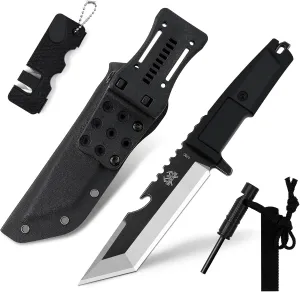 Fixed Blade Knife with Sheath, Survival Knife with Rubber Handle, 11-Inch Hunting Knife Full Tang 420HC with Sharpener & Fire Starter - Ideal for Outdoor, Camping, Bushcraft
