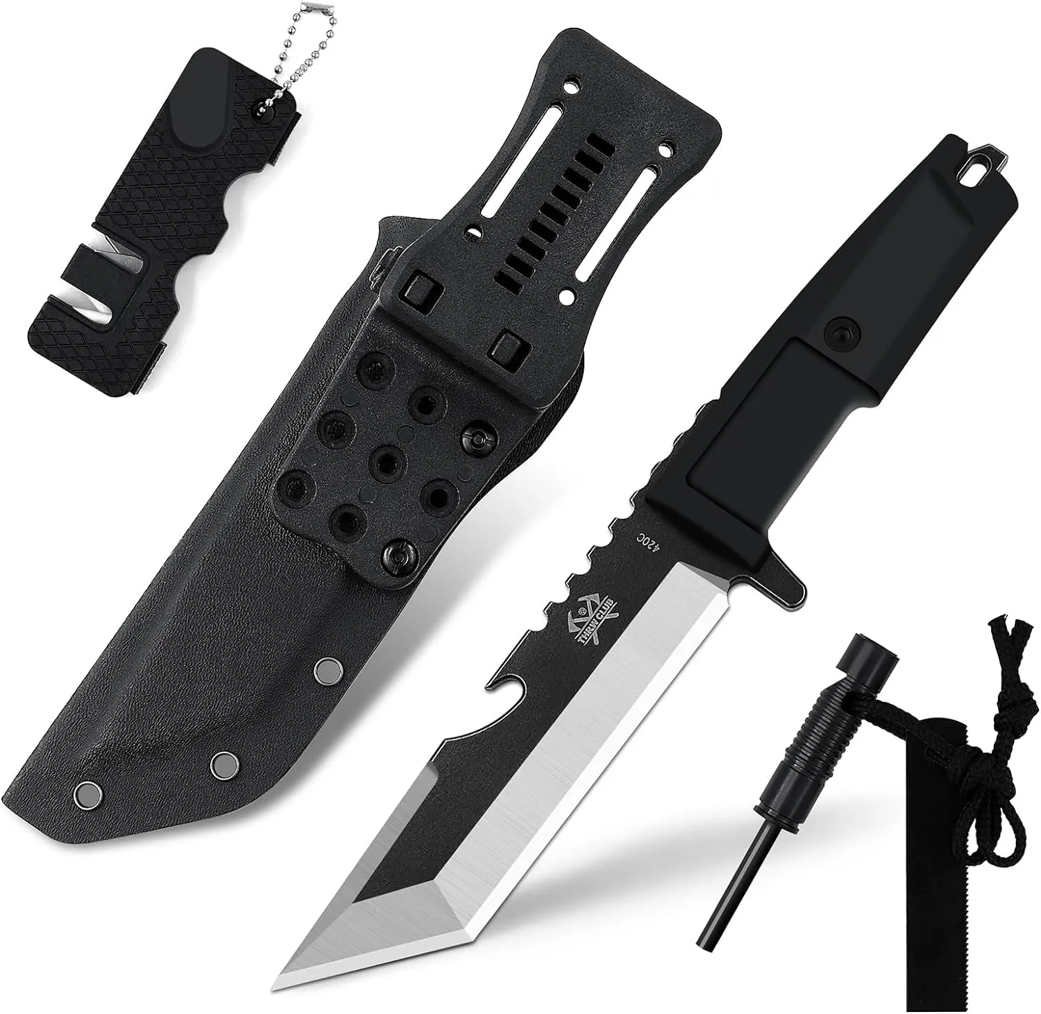 Fixed Blade Knife with Sheath, Survival Knife with Rubber Handle, 11-Inch Hunting Knife Full Tang 420HC with Sharpener & Fire Starter - Ideal for Outdoor, Camping, Bushcraft