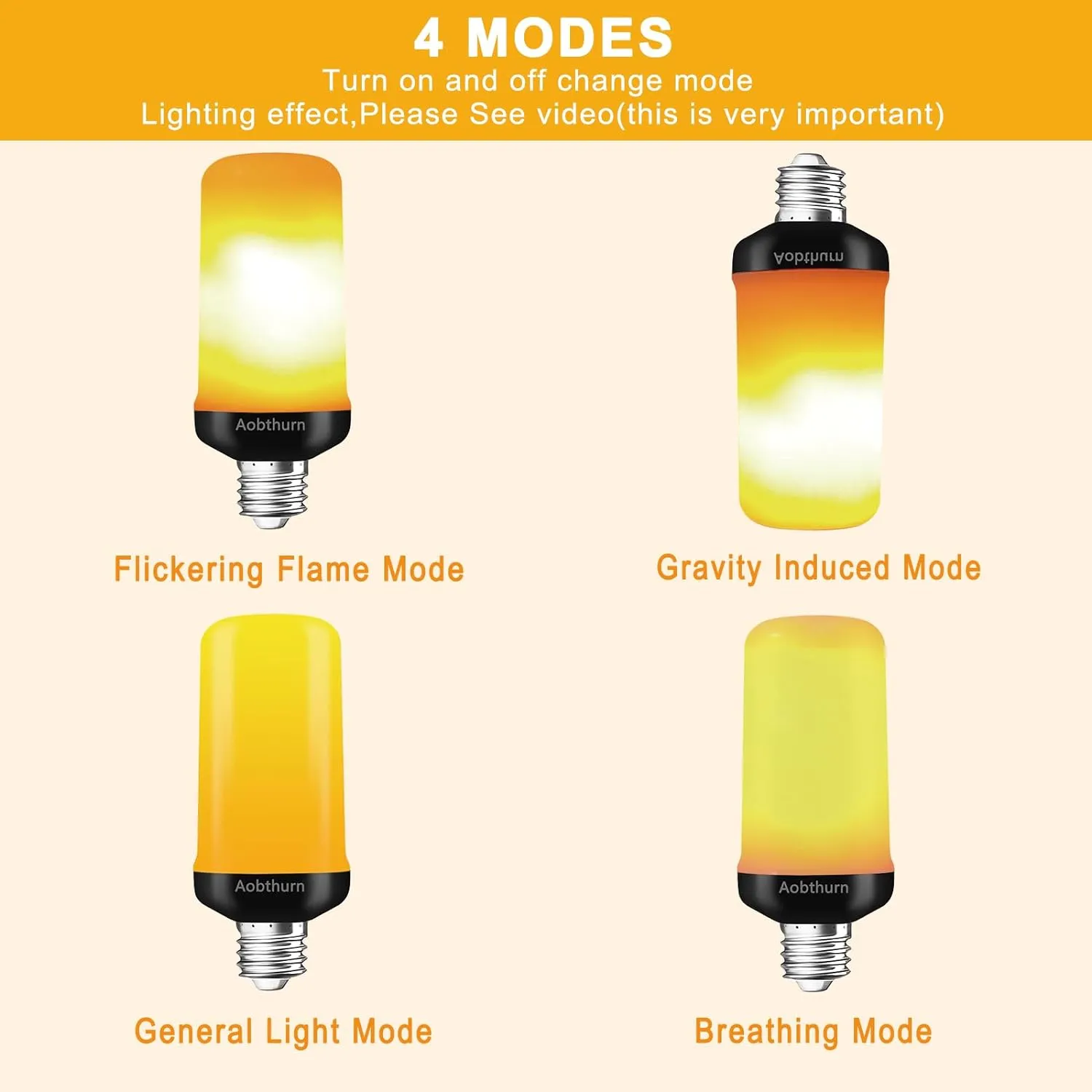 Flame Light Bulbs, 4 Modes LED Flame Effect Light Bulb, E26 Base Flickering Light Bulb with Gravity Sensor,Flickering Light Bulbs Halloween Home Party (4 Pack)