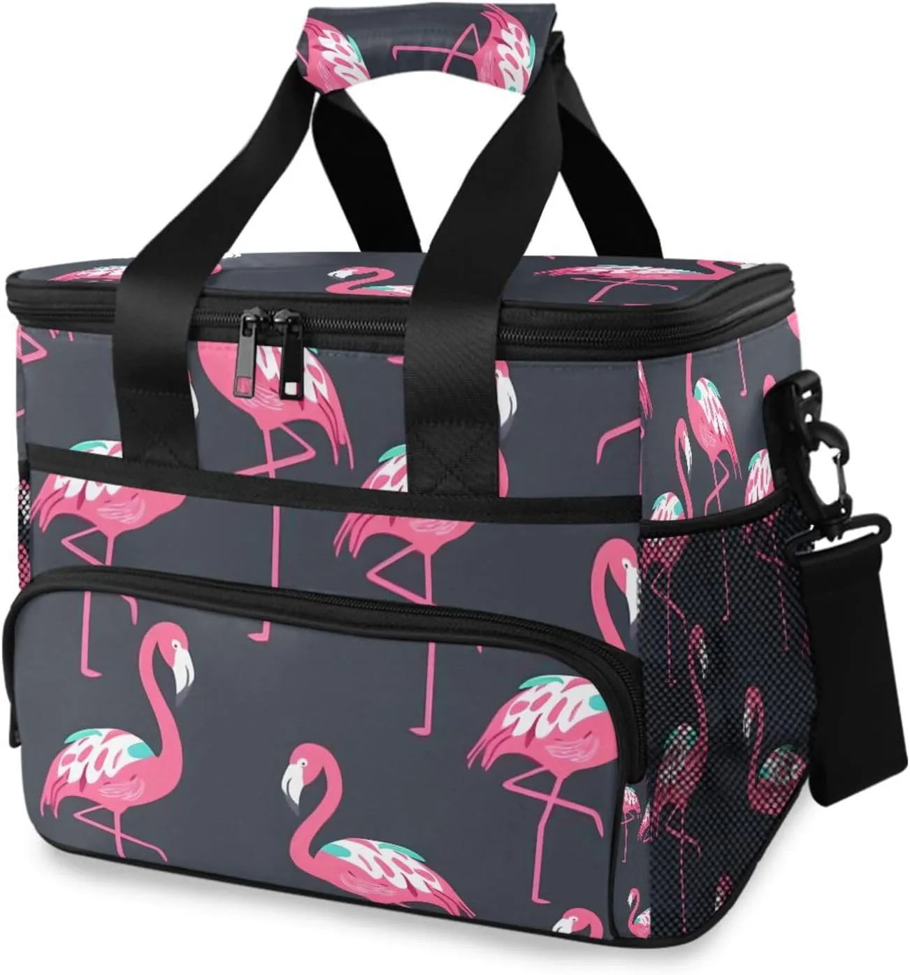 Flamingo Black Tropical Bird Cooler Bag Insulated Cooler Soft Sided Cooler 24 Can Portable Picnic Bag Large Leakproof Lunch Bag Box for Beach Grocery Camping Travel Car Men Women