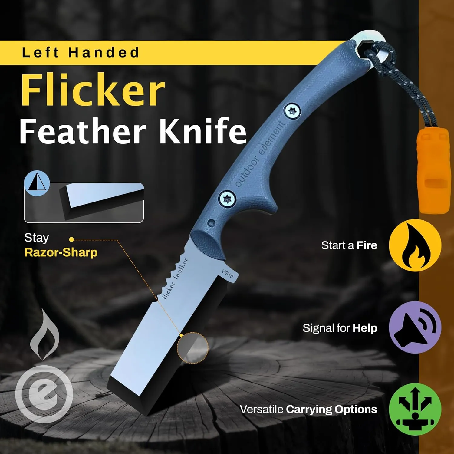 Flicker Feather - Left Handed - Survival EDC Chisel Blade - Camping, Woodworking, Bushcraft Knife - Sheath with Built In Sharpener and Replacable Ferro Rod - 115dB Emergency Whistle