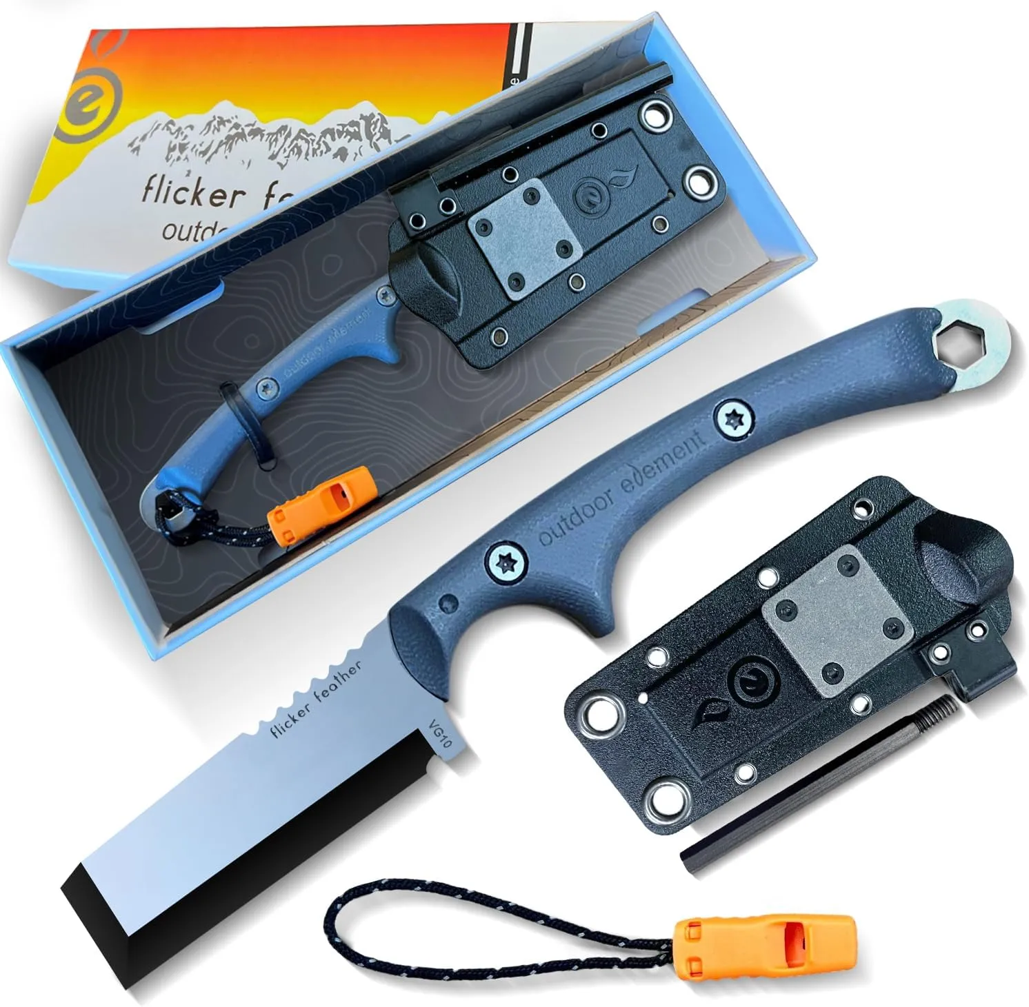Flicker Feather - Left Handed - Survival EDC Chisel Blade - Camping, Woodworking, Bushcraft Knife - Sheath with Built In Sharpener and Replacable Ferro Rod - 115dB Emergency Whistle