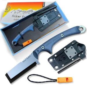 Flicker Feather - Left Handed - Survival EDC Chisel Blade - Camping, Woodworking, Bushcraft Knife - Sheath with Built In Sharpener and Replacable Ferro Rod - 115dB Emergency Whistle