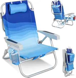 Folding Beach Chair for Adults, 10'' Low Sand Chairs with Cup Holder, 5-Position Recling Backpack Beach Chair Aluminum Frame, Portable for Travel & Outdoor, Supports 300lbs, Wave Blue