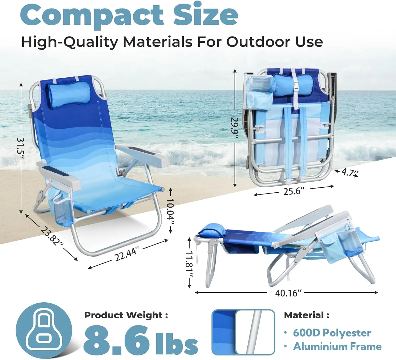 Folding Beach Chair for Adults, 10'' Low Sand Chairs with Cup Holder, 5-Position Recling Backpack Beach Chair Aluminum Frame, Portable for Travel & Outdoor, Supports 300lbs, Wave Blue