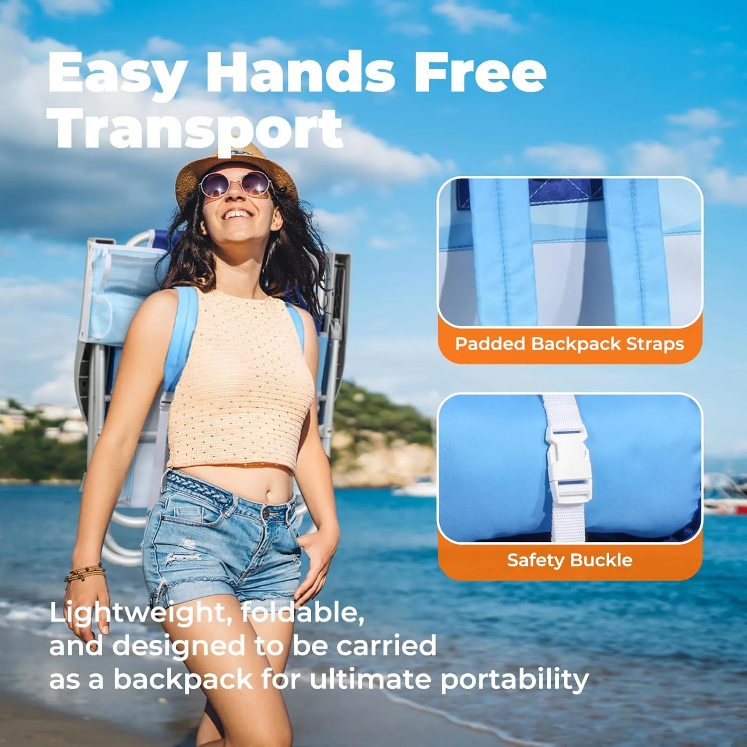 Folding Beach Chair for Adults, 10'' Low Sand Chairs with Cup Holder, 5-Position Recling Backpack Beach Chair Aluminum Frame, Portable for Travel & Outdoor, Supports 300lbs, Wave Blue
