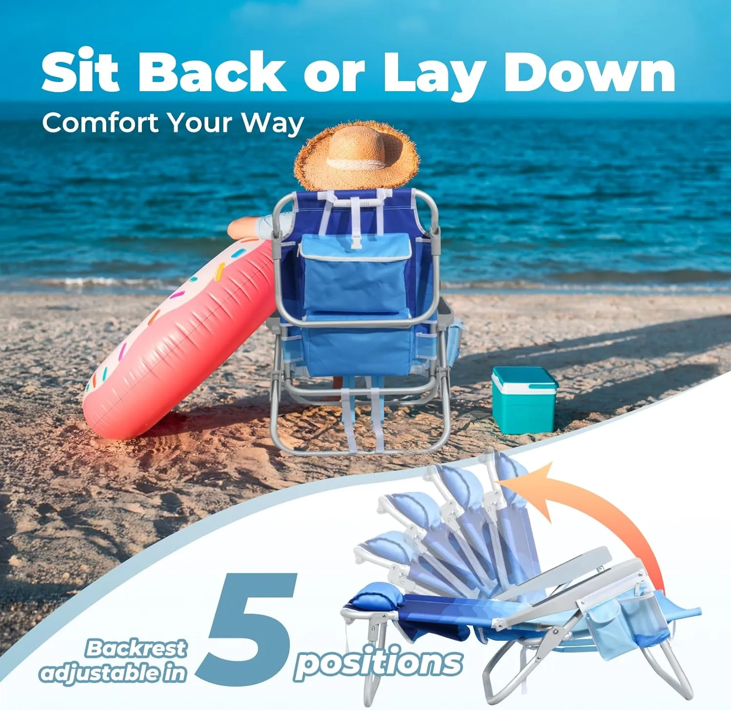 Folding Beach Chair for Adults, 10'' Low Sand Chairs with Cup Holder, 5-Position Recling Backpack Beach Chair Aluminum Frame, Portable for Travel & Outdoor, Supports 300lbs, Wave Blue