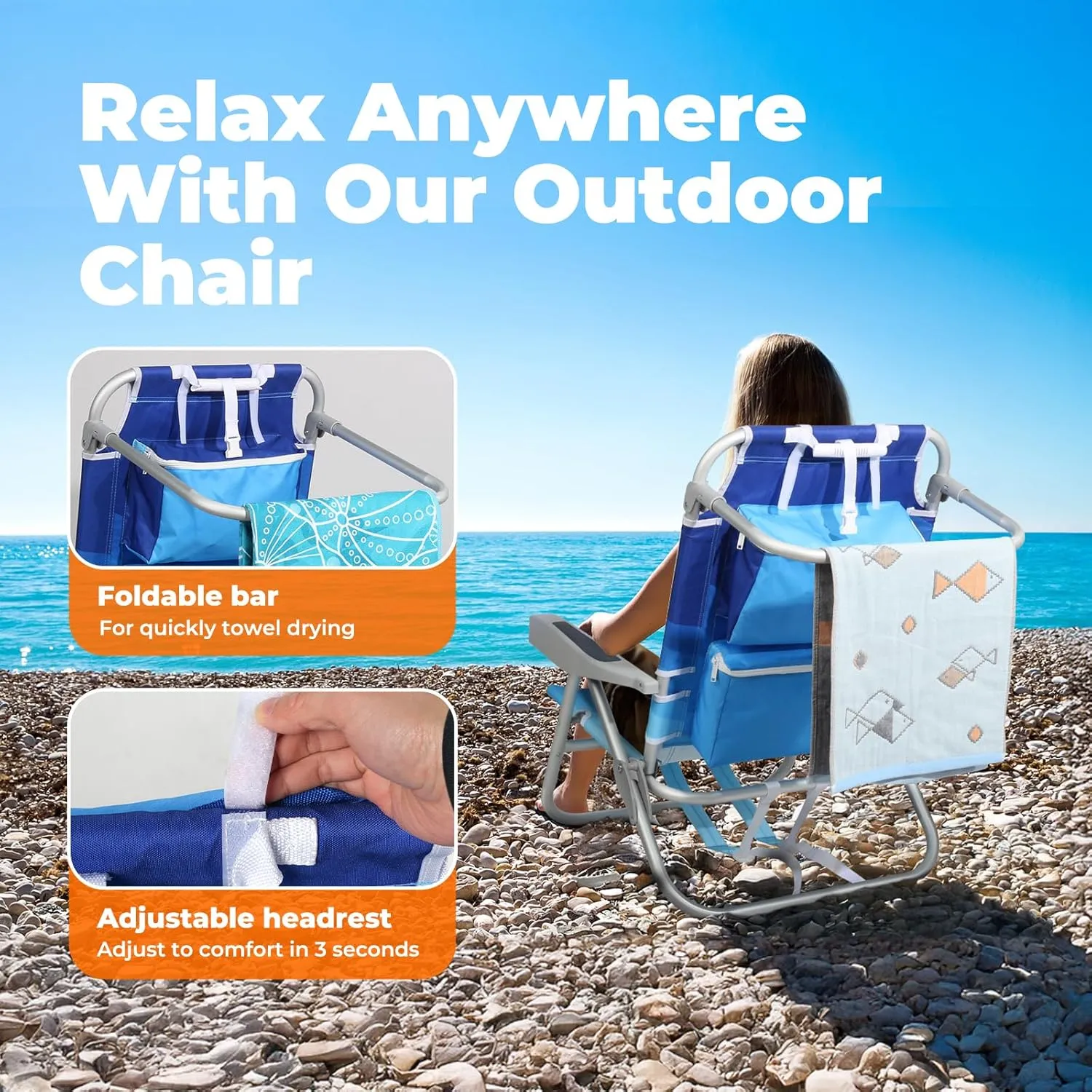 Folding Beach Chair for Adults, 10'' Low Sand Chairs with Cup Holder, 5-Position Recling Backpack Beach Chair Aluminum Frame, Portable for Travel & Outdoor, Supports 300lbs, Wave Blue