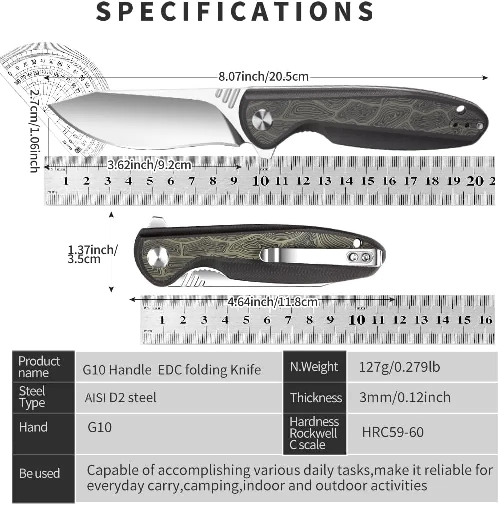 Folding knife D2 blade material, G10 two-color handle, suitable for men and women outdoor camping carrying knife, sharp and durable blade, with pocket clip (argent)