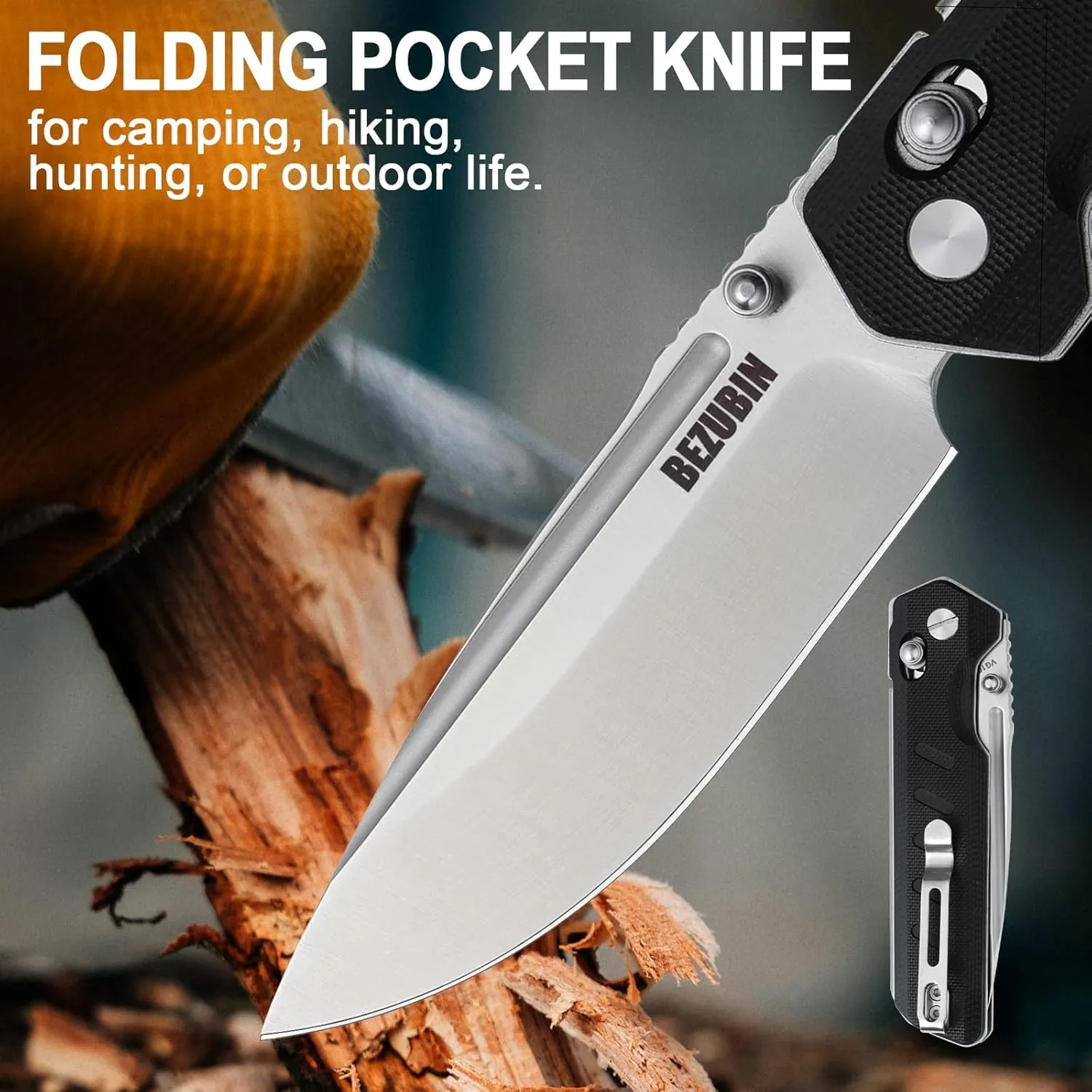 Folding Pocket Knife 3.25" VG10 Blade EDC Folding Knife with Safety Axis Lock Black G10 Handle Hunting Camping Knife with Thumb Stud Opener